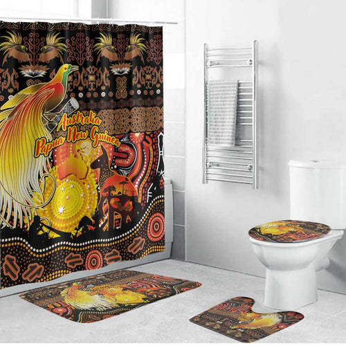 Australia and Papua New Guinea Together Bathroom Set Kangaroo Aboriginal Art and Bird-of-paradise Oro Tribal Motifs - Aussie Hoodie