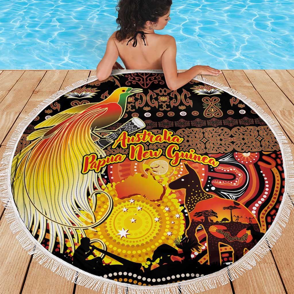 Australia and Papua New Guinea Together Beach Blanket Kangaroo Aboriginal Art and Bird-of-paradise Oro Tribal Motifs - Aussie Hoodie