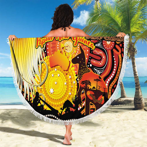 Australia and Papua New Guinea Together Beach Blanket Kangaroo Aboriginal Art and Bird-of-paradise Oro Tribal Motifs - Aussie Hoodie
