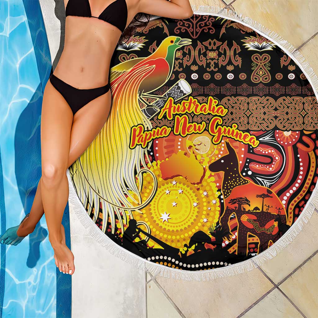 Australia and Papua New Guinea Together Beach Blanket Kangaroo Aboriginal Art and Bird-of-paradise Oro Tribal Motifs - Aussie Hoodie