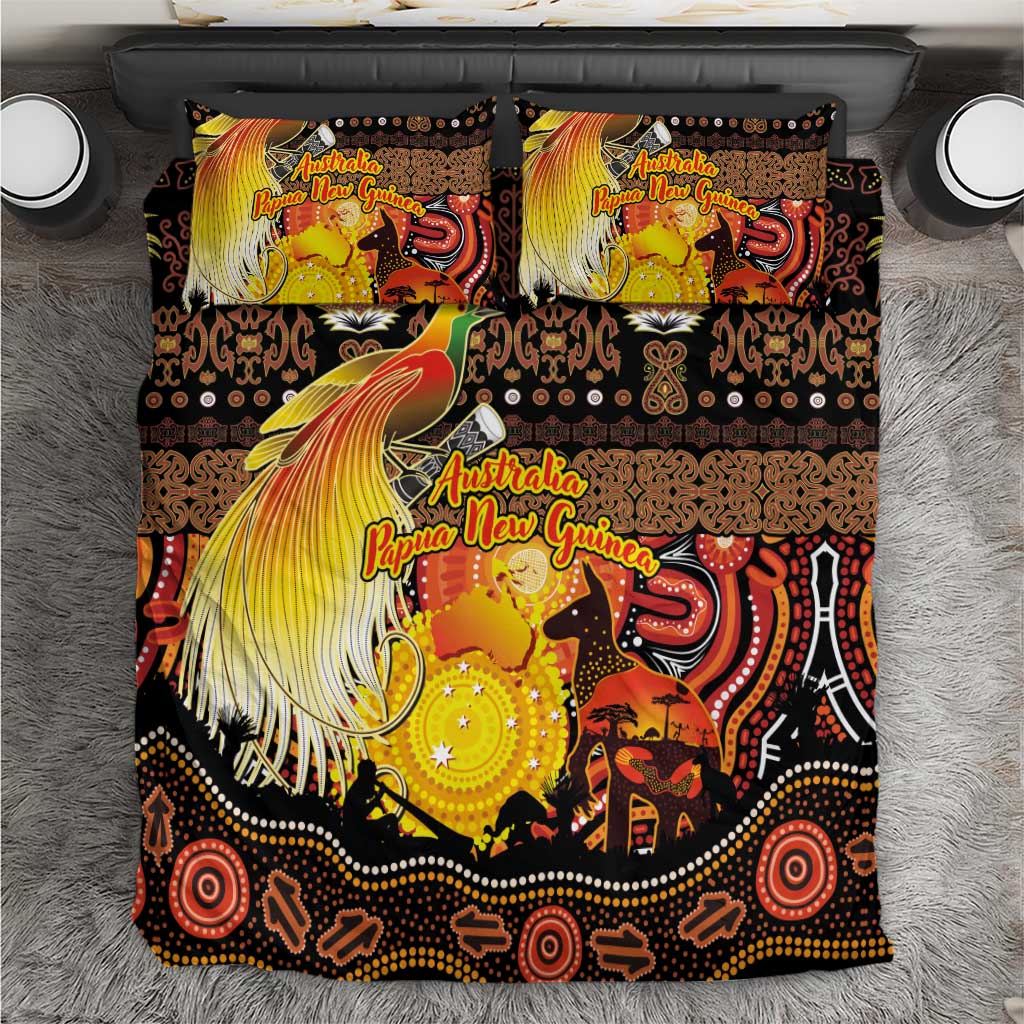 Australia and Papua New Guinea Together Bedding Set Kangaroo Aboriginal Art and Bird-of-paradise Oro Tribal Motifs - Aussie Hoodie
