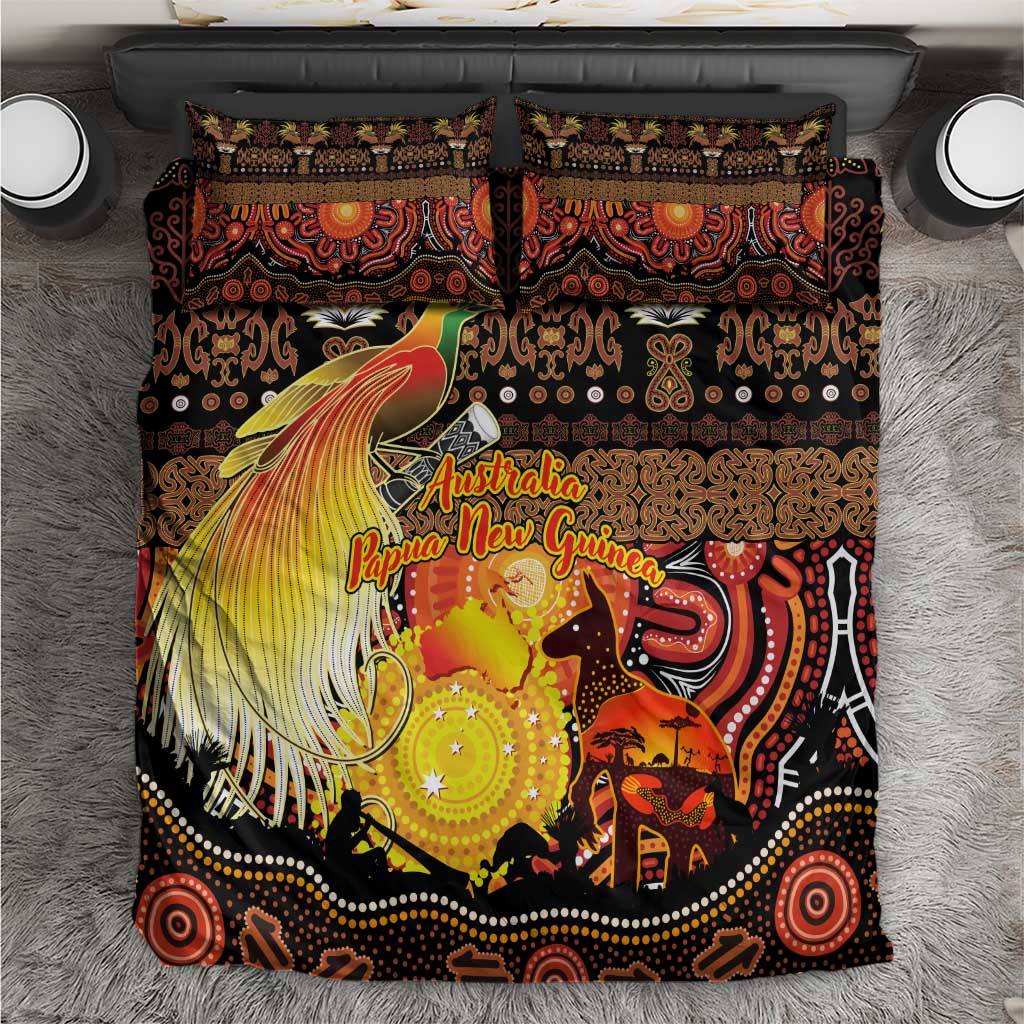 Australia and Papua New Guinea Together Bedding Set Kangaroo Aboriginal Art and Bird-of-paradise Oro Tribal Motifs - Aussie Hoodie