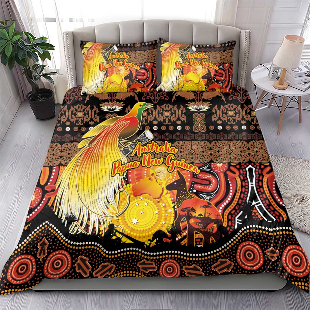 Australia and Papua New Guinea Together Bedding Set Kangaroo Aboriginal Art and Bird-of-paradise Oro Tribal Motifs - Aussie Hoodie