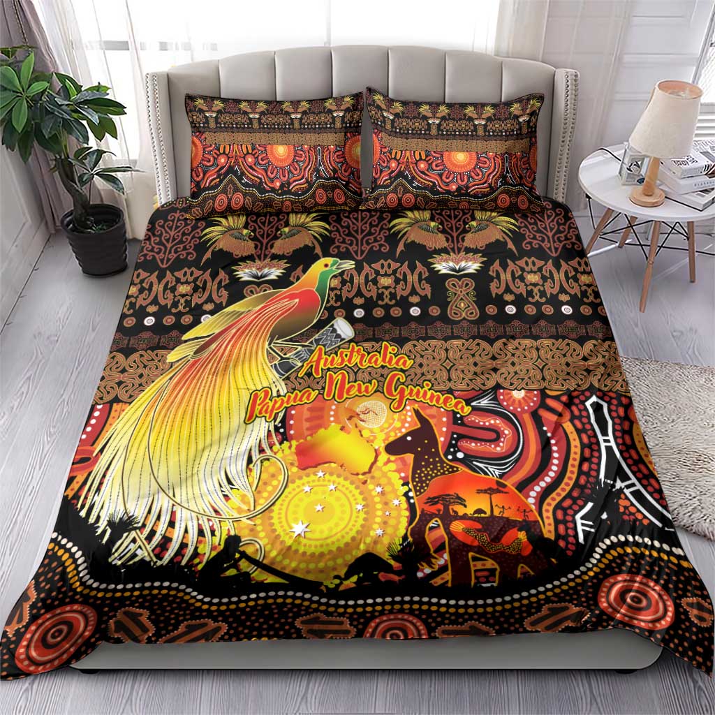 Australia and Papua New Guinea Together Bedding Set Kangaroo Aboriginal Art and Bird-of-paradise Oro Tribal Motifs - Aussie Hoodie