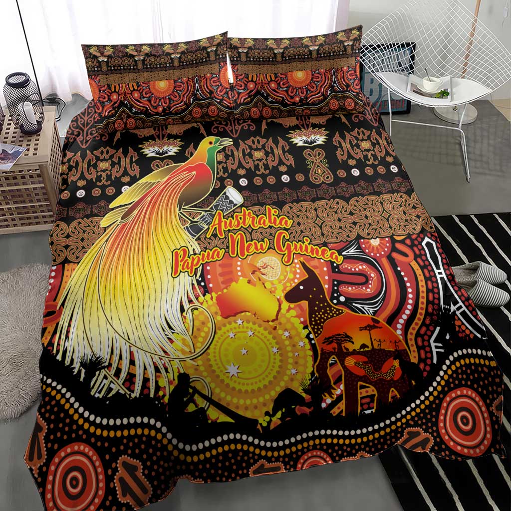 Australia and Papua New Guinea Together Bedding Set Kangaroo Aboriginal Art and Bird-of-paradise Oro Tribal Motifs - Aussie Hoodie
