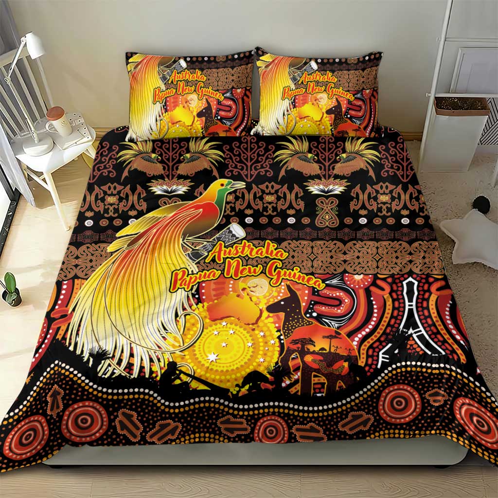 Australia and Papua New Guinea Together Bedding Set Kangaroo Aboriginal Art and Bird-of-paradise Oro Tribal Motifs - Aussie Hoodie