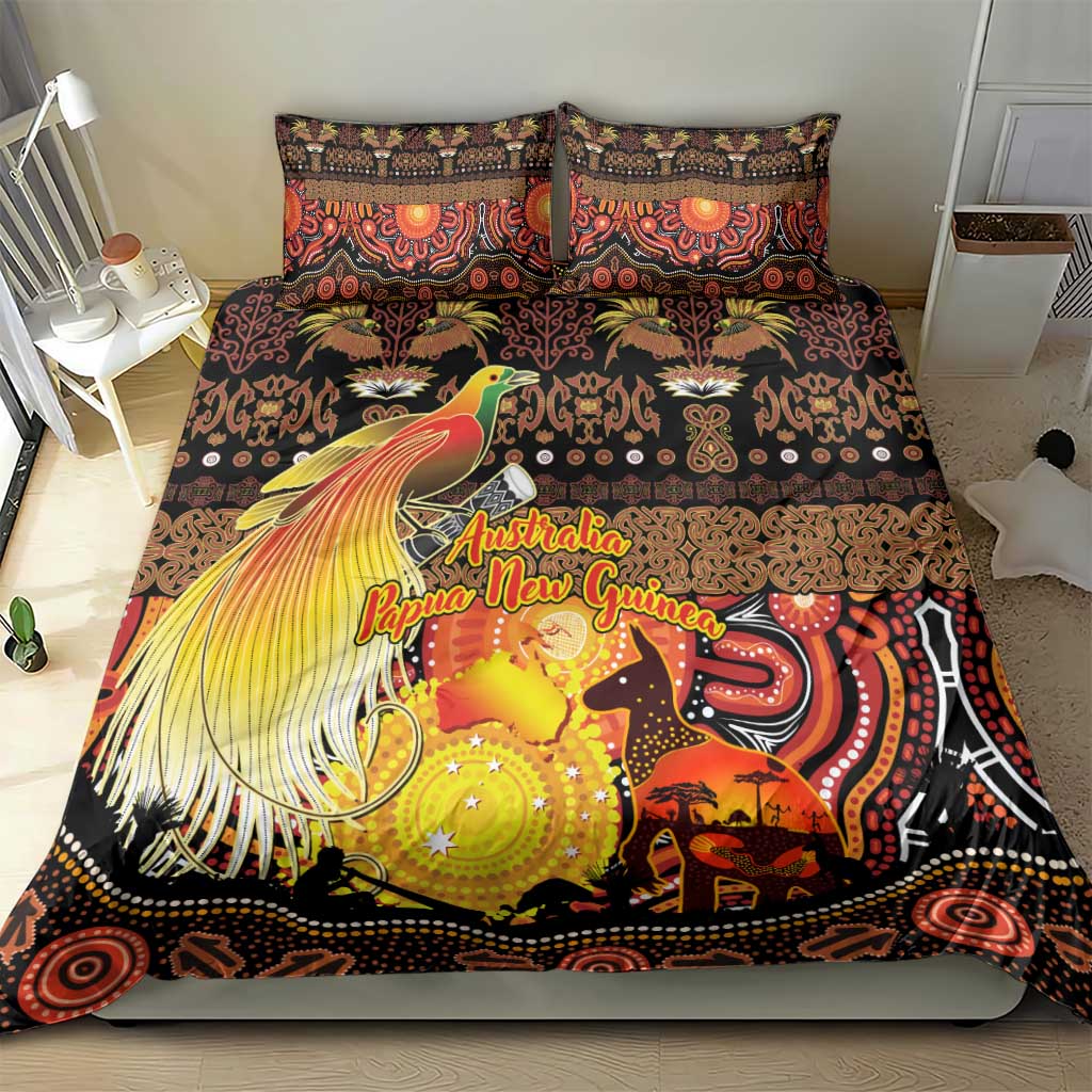 Australia and Papua New Guinea Together Bedding Set Kangaroo Aboriginal Art and Bird-of-paradise Oro Tribal Motifs - Aussie Hoodie