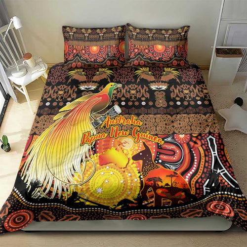 Australia and Papua New Guinea Together Bedding Set Kangaroo Aboriginal Art and Bird-of-paradise Oro Tribal Motifs - Aussie Hoodie