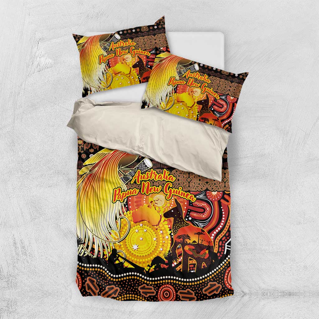 Australia and Papua New Guinea Together Bedding Set Kangaroo Aboriginal Art and Bird-of-paradise Oro Tribal Motifs - Aussie Hoodie