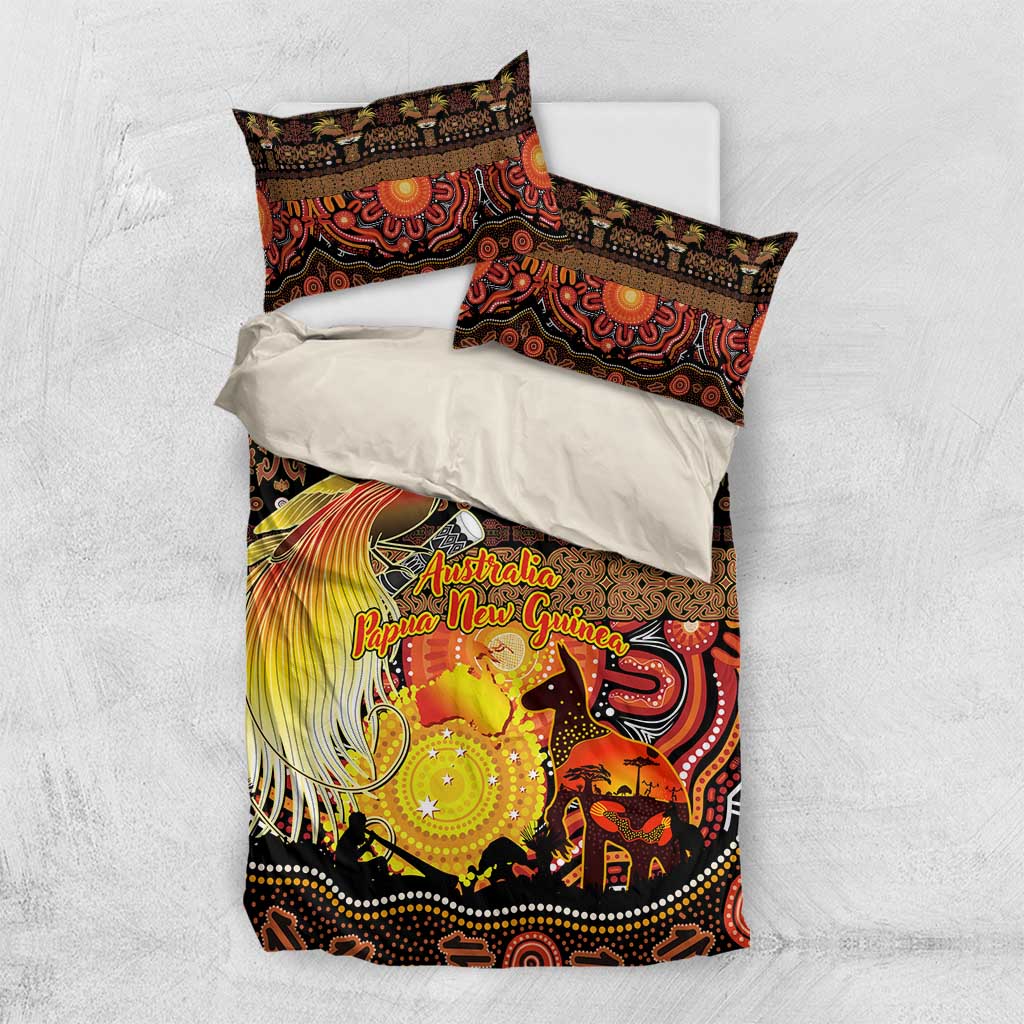 Australia and Papua New Guinea Together Bedding Set Kangaroo Aboriginal Art and Bird-of-paradise Oro Tribal Motifs - Aussie Hoodie