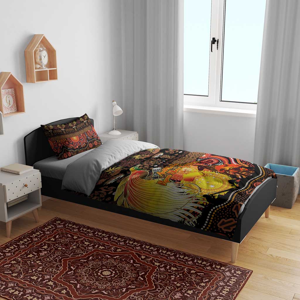 Australia and Papua New Guinea Together Bedding Set Kangaroo Aboriginal Art and Bird-of-paradise Oro Tribal Motifs - Aussie Hoodie