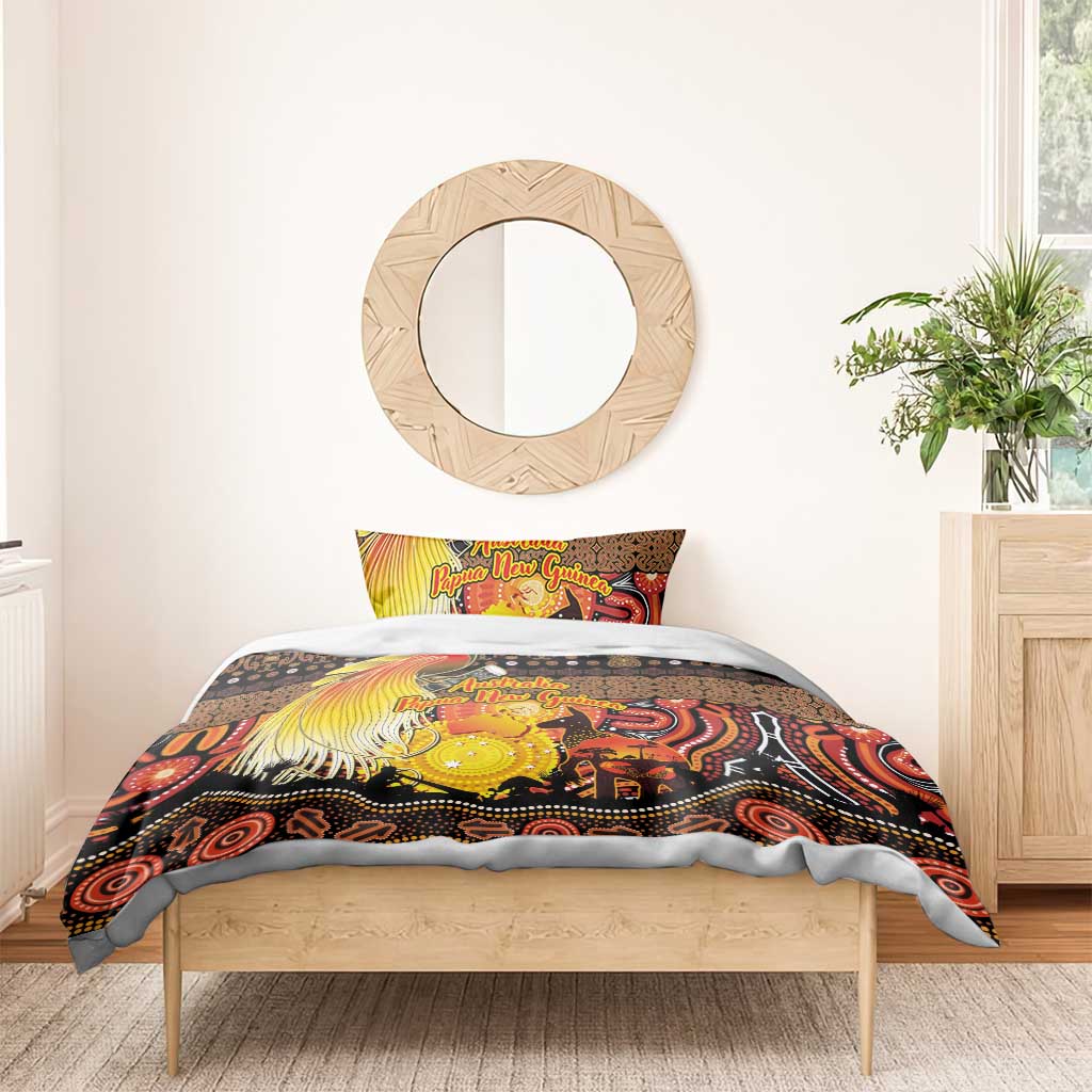 Australia and Papua New Guinea Together Bedding Set Kangaroo Aboriginal Art and Bird-of-paradise Oro Tribal Motifs - Aussie Hoodie