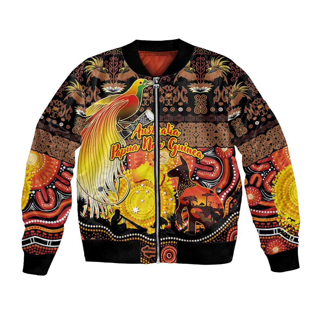 Personalized Australia and Papua New Guinea Together Bomber Jacket Kangaroo Aboriginal Art and Bird-of-paradise Oro Tribal Motifs - Aussie Hoodie