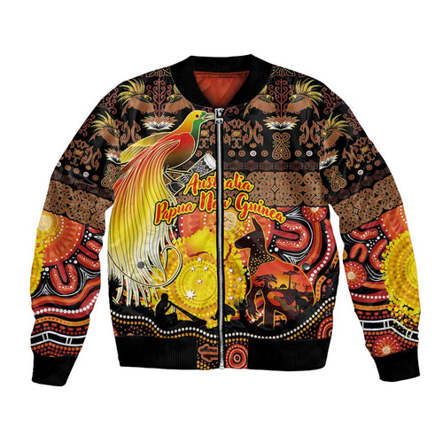 Personalized Australia and Papua New Guinea Together Bomber Jacket Kangaroo Aboriginal Art and Bird-of-paradise Oro Tribal Motifs - Aussie Hoodie