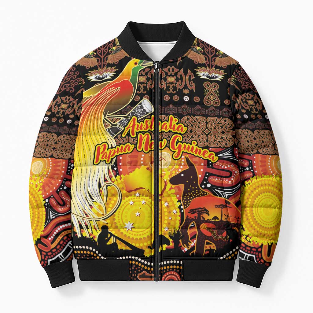 Personalized Australia and Papua New Guinea Together Bomber Puffer Jacket Kangaroo Aboriginal Art and Bird-of-paradise Oro Tribal Motifs - Aussie Hoodie