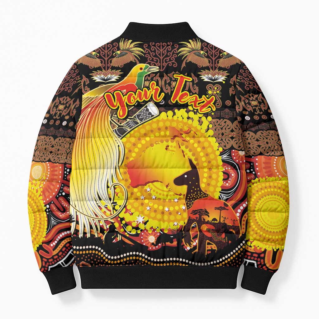 Personalized Australia and Papua New Guinea Together Bomber Puffer Jacket Kangaroo Aboriginal Art and Bird-of-paradise Oro Tribal Motifs - Aussie Hoodie