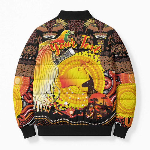 Personalized Australia and Papua New Guinea Together Bomber Puffer Jacket Kangaroo Aboriginal Art and Bird-of-paradise Oro Tribal Motifs - Aussie Hoodie