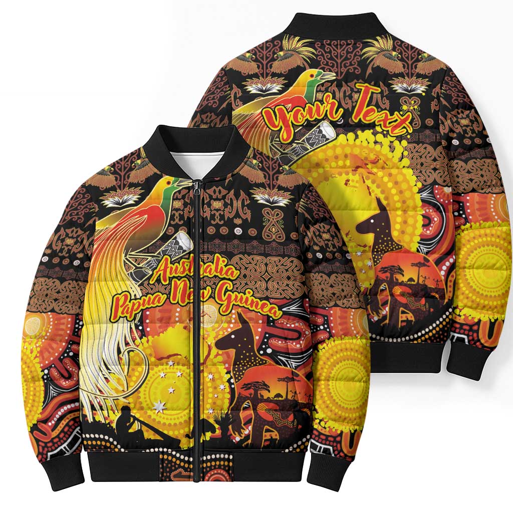 Personalized Australia and Papua New Guinea Together Bomber Puffer Jacket Kangaroo Aboriginal Art and Bird-of-paradise Oro Tribal Motifs - Aussie Hoodie