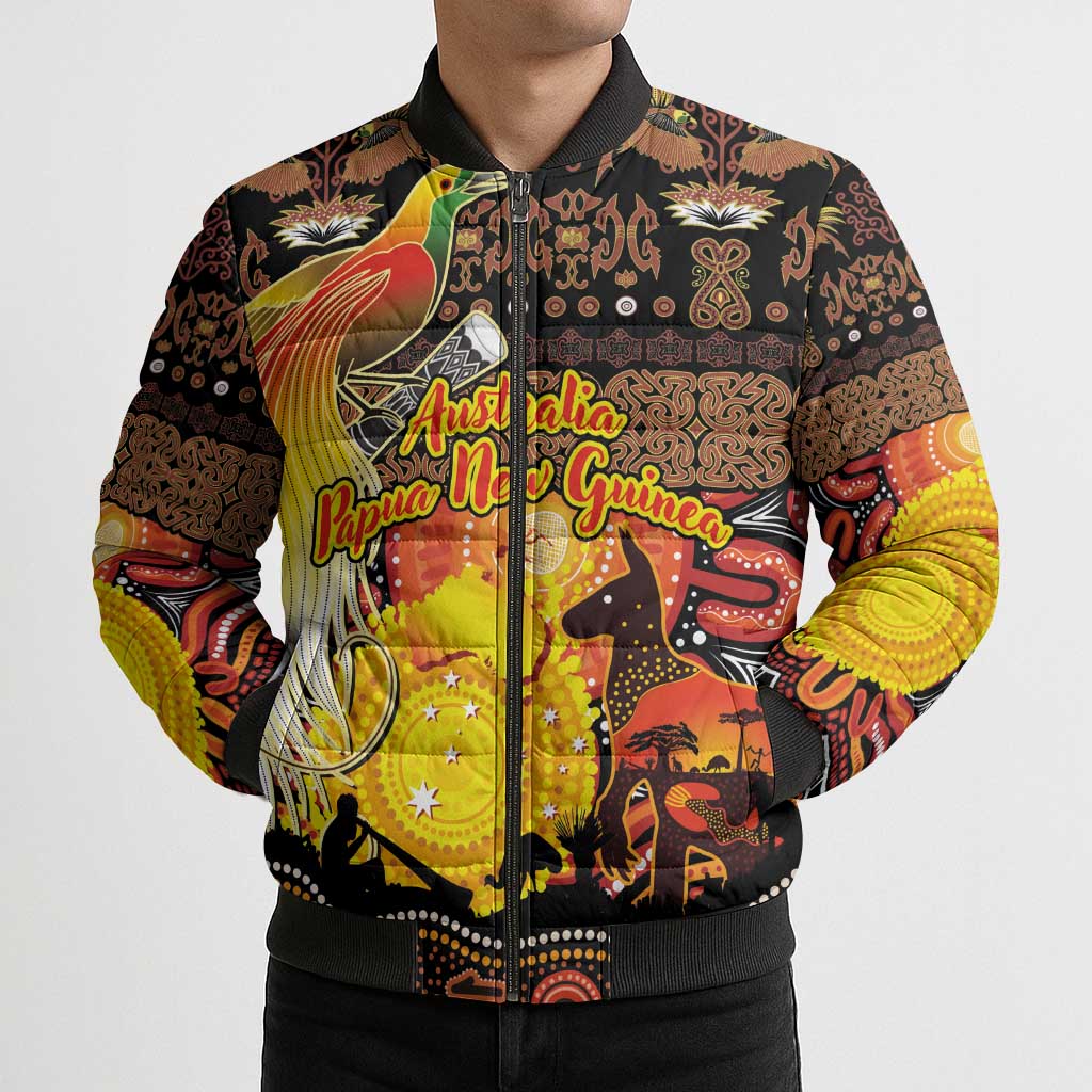 Personalized Australia and Papua New Guinea Together Bomber Puffer Jacket Kangaroo Aboriginal Art and Bird-of-paradise Oro Tribal Motifs - Aussie Hoodie
