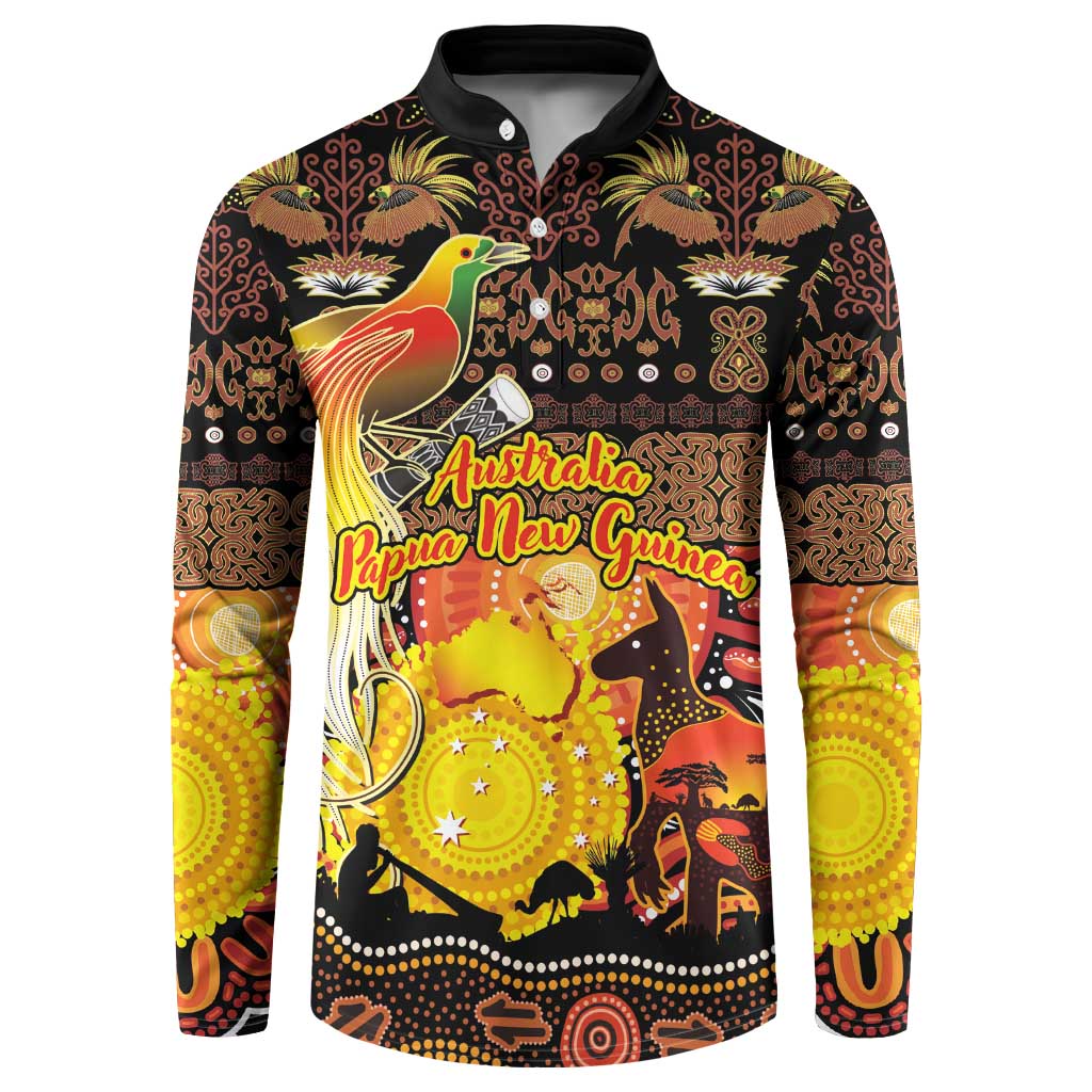 Personalized Australia and Papua New Guinea Together Button Sweatshirt Kangaroo Aboriginal Art and Bird-of-paradise Oro Tribal Motifs - Aussie Hoodie