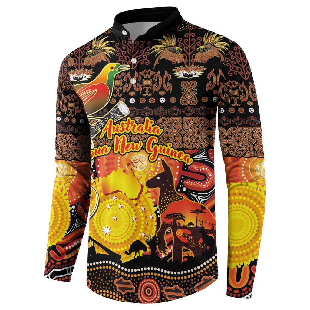 Personalized Australia and Papua New Guinea Together Button Sweatshirt Kangaroo Aboriginal Art and Bird-of-paradise Oro Tribal Motifs - Aussie Hoodie