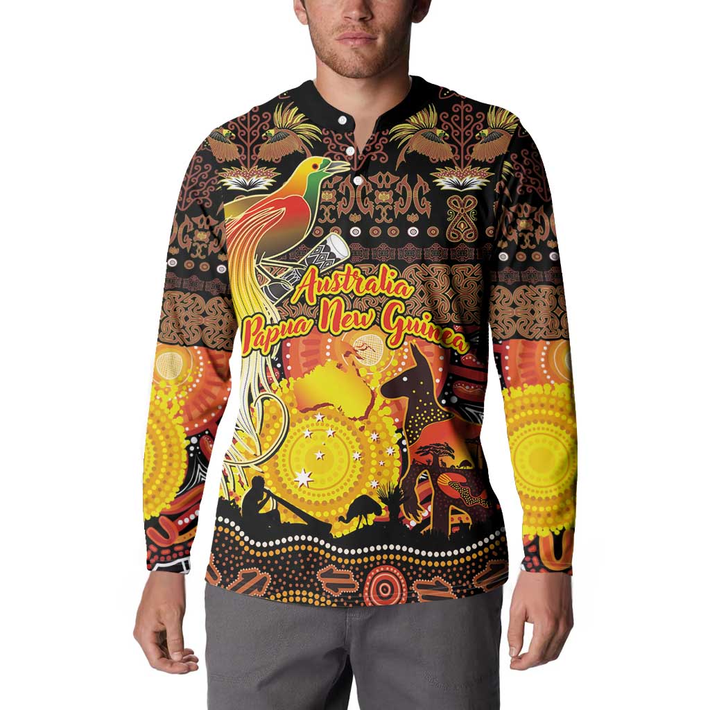 Personalized Australia and Papua New Guinea Together Button Sweatshirt Kangaroo Aboriginal Art and Bird-of-paradise Oro Tribal Motifs - Aussie Hoodie