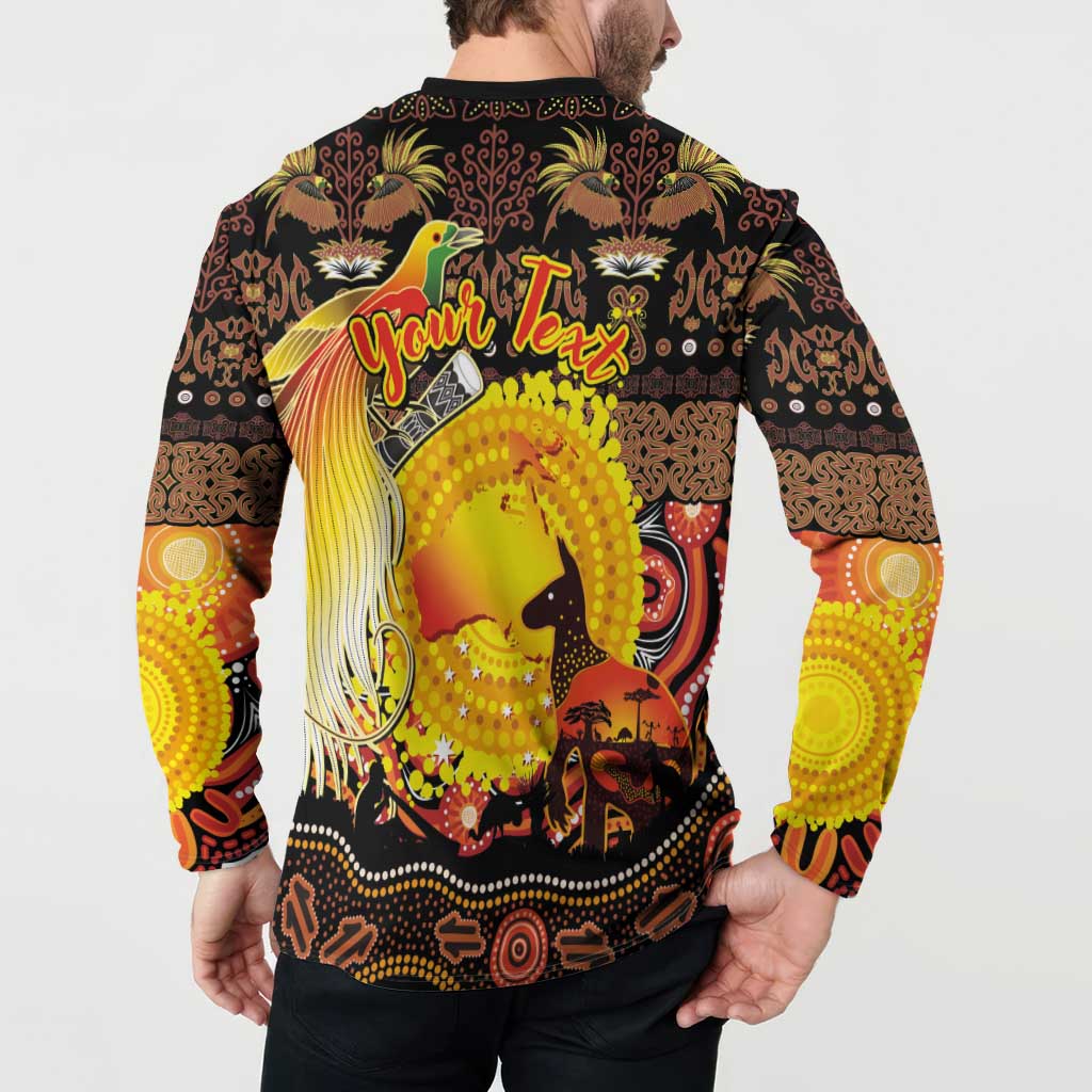 Personalized Australia and Papua New Guinea Together Button Sweatshirt Kangaroo Aboriginal Art and Bird-of-paradise Oro Tribal Motifs - Aussie Hoodie