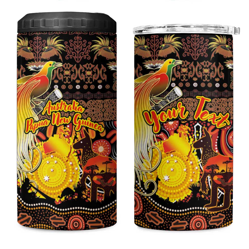 Personalized Australia and Papua New Guinea Together 4 in 1 Can Cooler Tumbler Kangaroo Aboriginal Art and Bird-of-paradise Oro Tribal Motifs - Aussie Hoodie