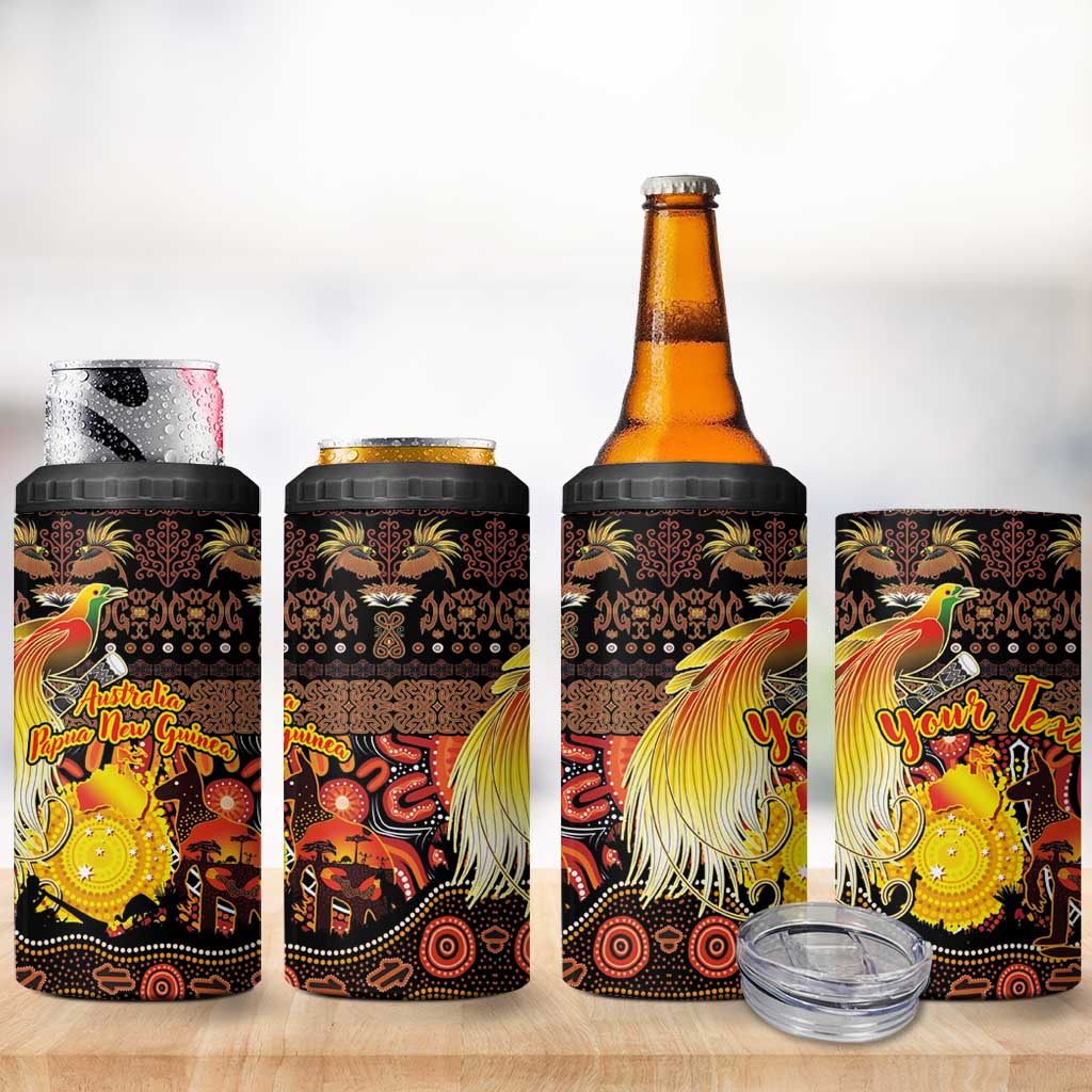 Personalized Australia and Papua New Guinea Together 4 in 1 Can Cooler Tumbler Kangaroo Aboriginal Art and Bird-of-paradise Oro Tribal Motifs - Aussie Hoodie