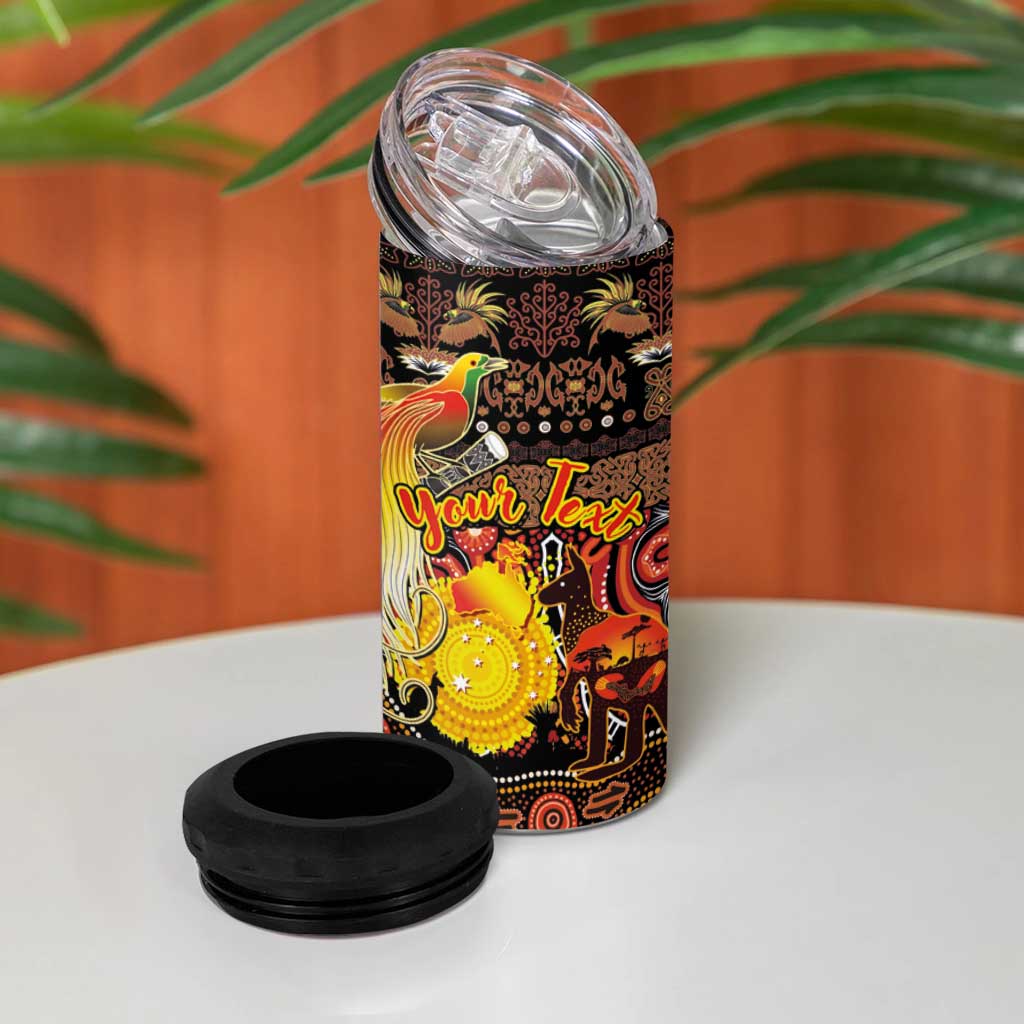Personalized Australia and Papua New Guinea Together 4 in 1 Can Cooler Tumbler Kangaroo Aboriginal Art and Bird-of-paradise Oro Tribal Motifs - Aussie Hoodie