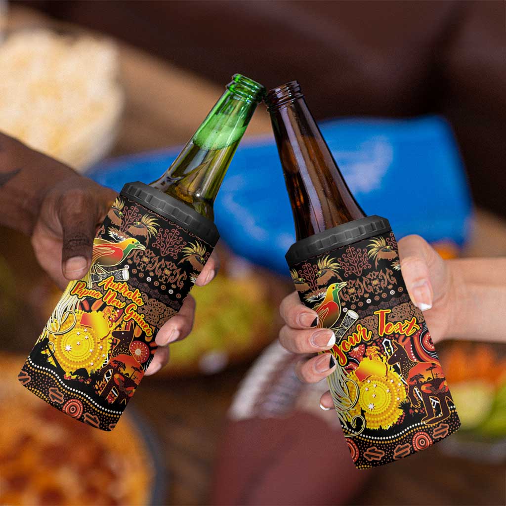 Personalized Australia and Papua New Guinea Together 4 in 1 Can Cooler Tumbler Kangaroo Aboriginal Art and Bird-of-paradise Oro Tribal Motifs - Aussie Hoodie