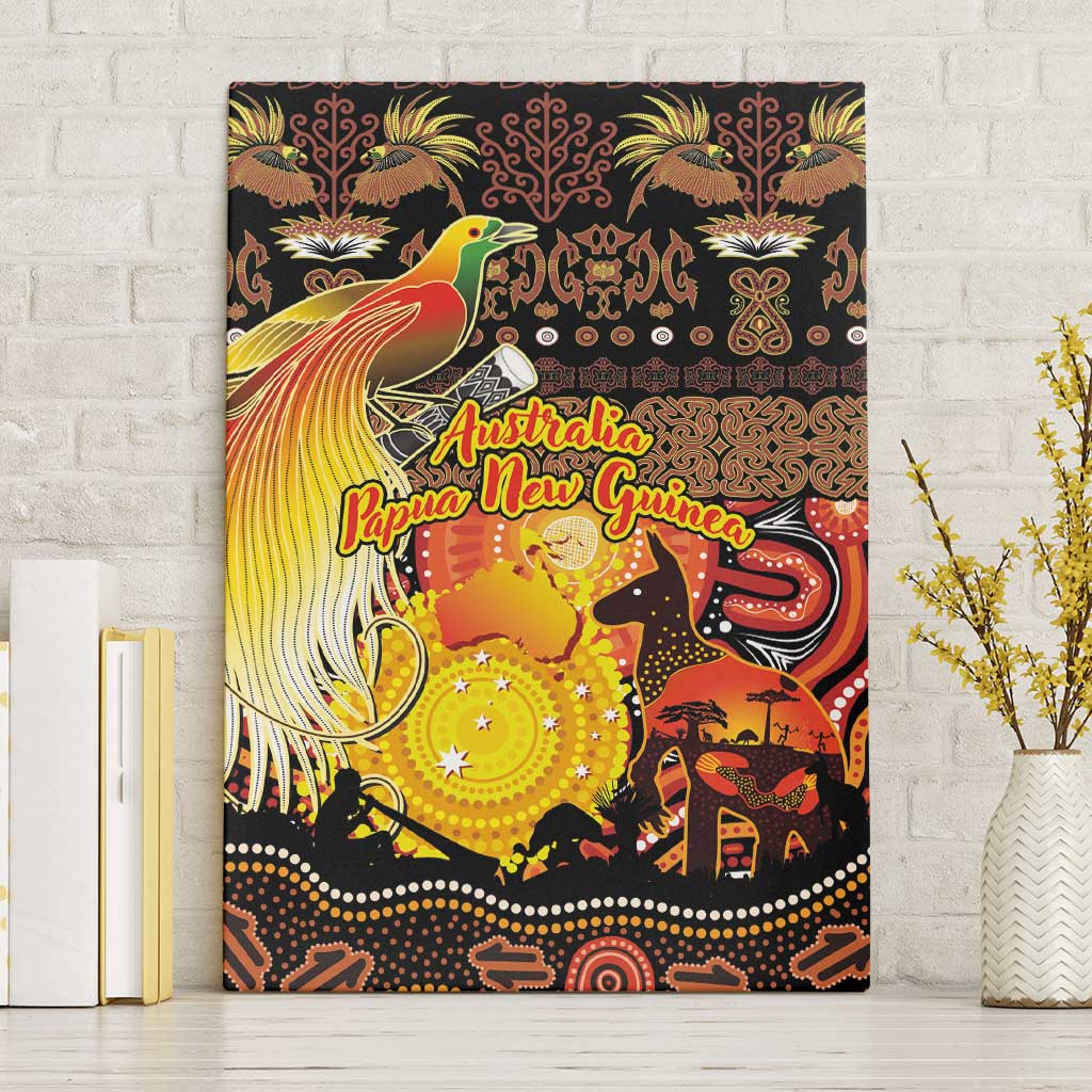 Australia and Papua New Guinea Together Canvas Wall Art Kangaroo Aboriginal Art and Bird-of-paradise Oro Tribal Motifs - Aussie Hoodie