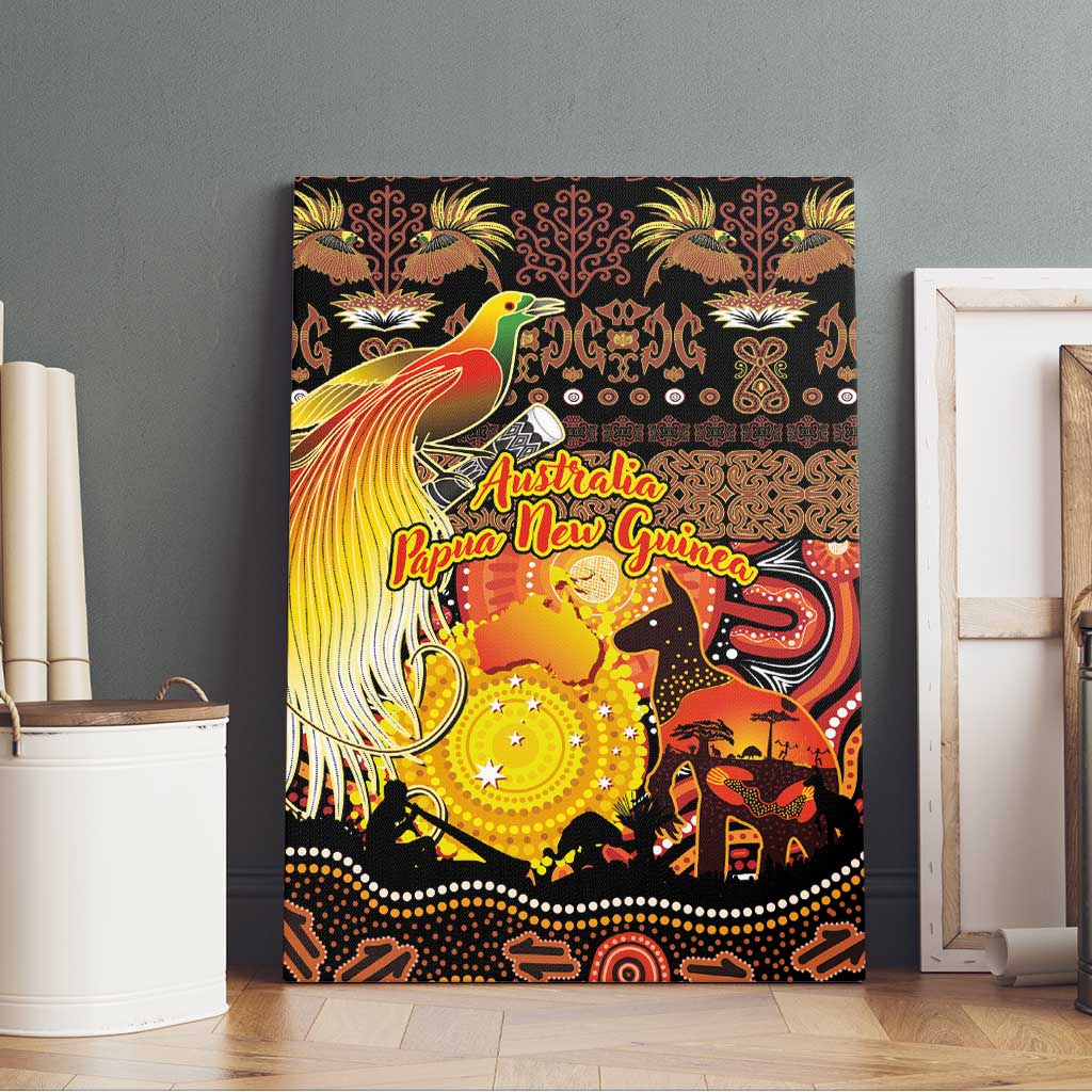 Australia and Papua New Guinea Together Canvas Wall Art Kangaroo Aboriginal Art and Bird-of-paradise Oro Tribal Motifs - Aussie Hoodie