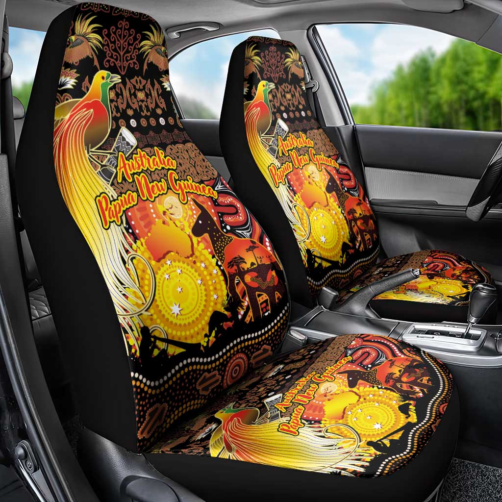 Australia and Papua New Guinea Together Car Seat Cover Kangaroo Aboriginal Art and Bird-of-paradise Oro Tribal Motifs - Aussie Hoodie