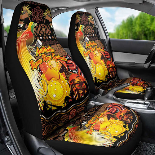 Australia and Papua New Guinea Together Car Seat Cover Kangaroo Aboriginal Art and Bird-of-paradise Oro Tribal Motifs - Aussie Hoodie