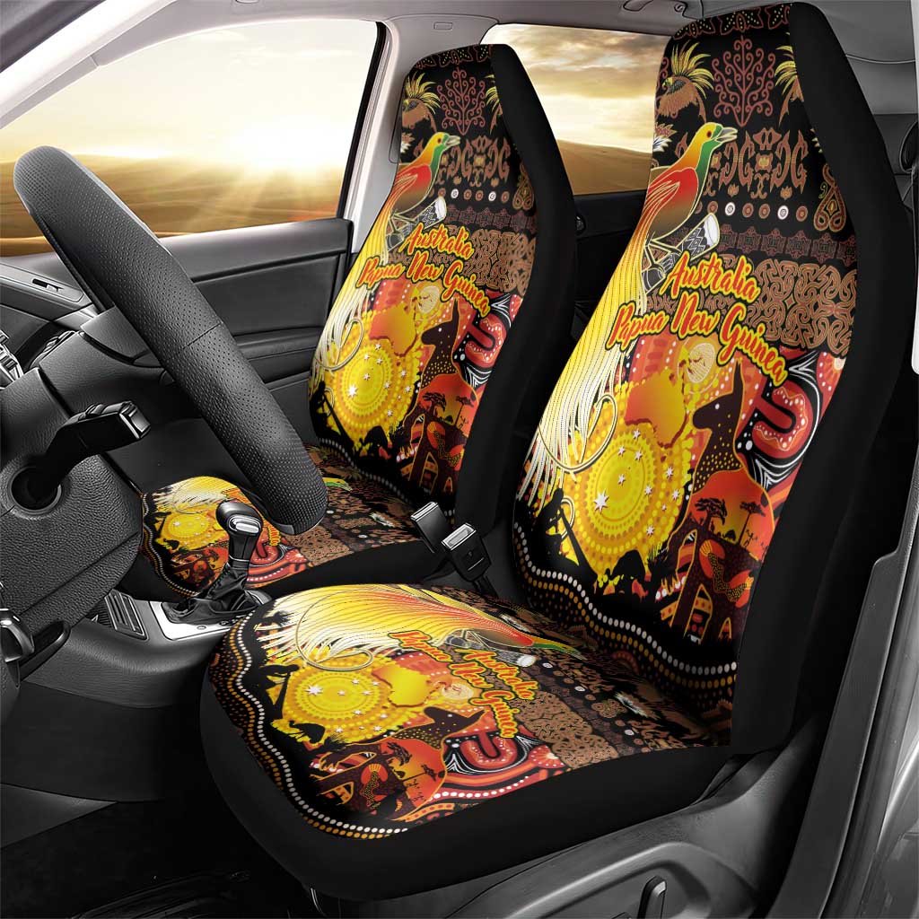 Australia and Papua New Guinea Together Car Seat Cover Kangaroo Aboriginal Art and Bird-of-paradise Oro Tribal Motifs - Aussie Hoodie