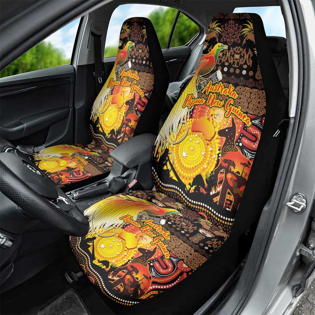 Australia and Papua New Guinea Together Car Seat Cover Kangaroo Aboriginal Art and Bird-of-paradise Oro Tribal Motifs - Aussie Hoodie