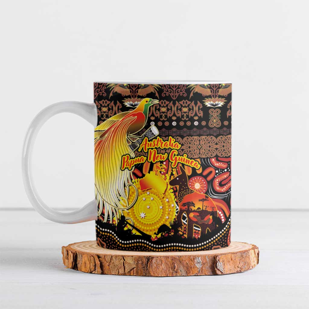 Personalized Australia and Papua New Guinea Together Ceramic Mug Kangaroo Aboriginal Art and Bird-of-paradise Oro Tribal Motifs - Aussie Hoodie