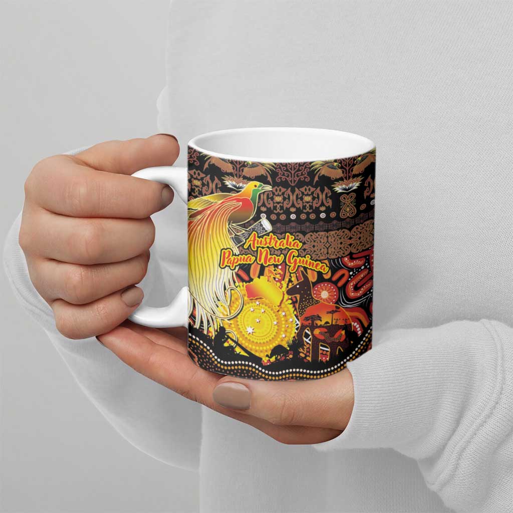 Personalized Australia and Papua New Guinea Together Ceramic Mug Kangaroo Aboriginal Art and Bird-of-paradise Oro Tribal Motifs - Aussie Hoodie