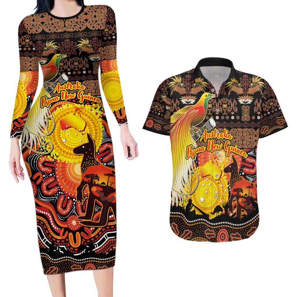 Personalized Australia and Papua New Guinea Together Couples Matching Long Sleeve Bodycon Dress and Hawaiian Shirt Kangaroo Aboriginal Art and Bird-of-paradise Oro Tribal Motifs - Aussie Hoodie