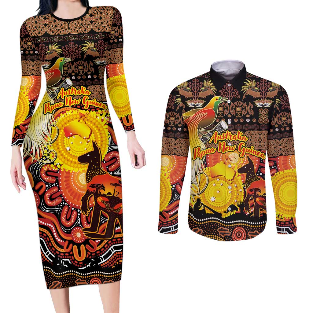 Personalized Australia and Papua New Guinea Together Couples Matching Long Sleeve Bodycon Dress and Long Sleeve Button Shirt Kangaroo Aboriginal Art and Bird-of-paradise Oro Tribal Motifs - Aussie Hoodie