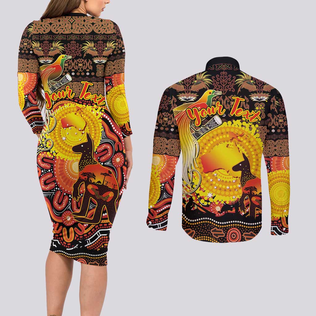 Personalized Australia and Papua New Guinea Together Couples Matching Long Sleeve Bodycon Dress and Long Sleeve Button Shirt Kangaroo Aboriginal Art and Bird-of-paradise Oro Tribal Motifs - Aussie Hoodie