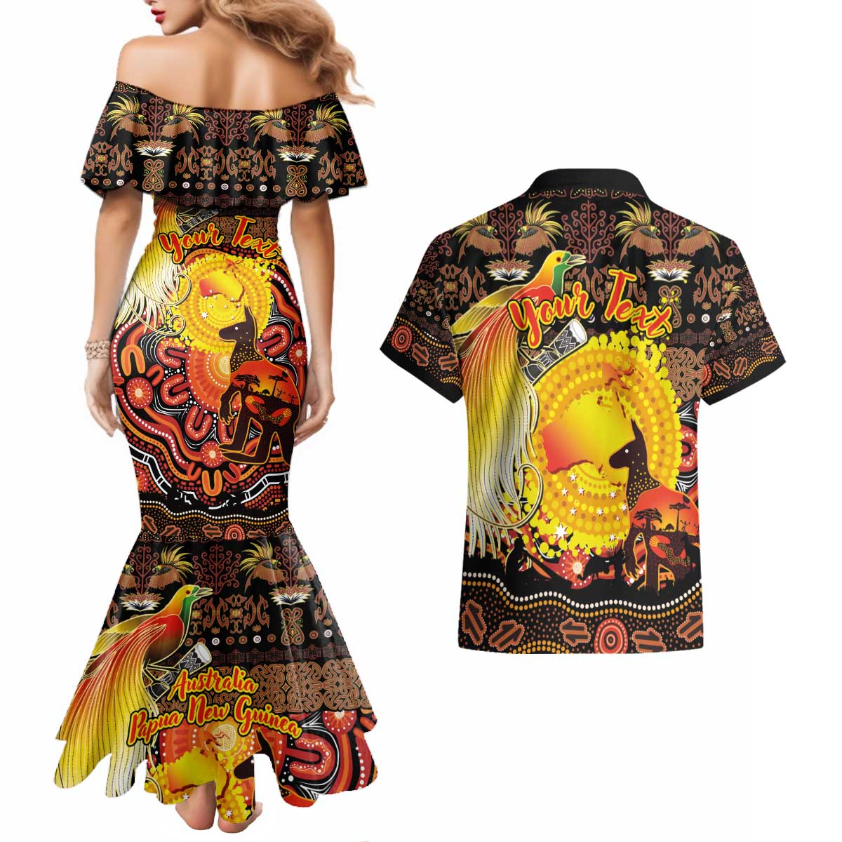 Personalized Australia and Papua New Guinea Together Couples Matching Mermaid Dress and Hawaiian Shirt Kangaroo Aboriginal Art and Bird-of-paradise Oro Tribal Motifs - Aussie Hoodie