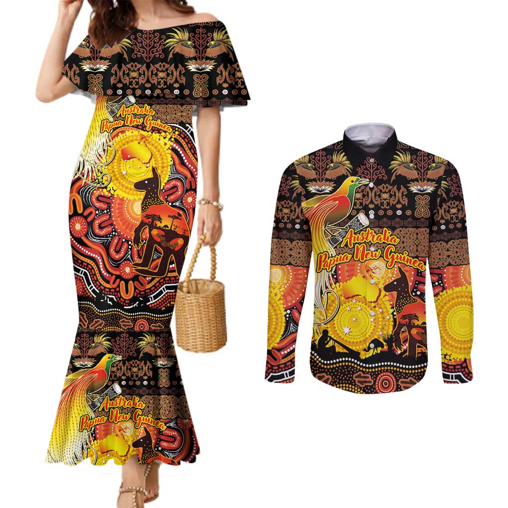 Personalized Australia and Papua New Guinea Together Couples Matching Mermaid Dress and Long Sleeve Button Shirt Kangaroo Aboriginal Art and Bird-of-paradise Oro Tribal Motifs - Aussie Hoodie