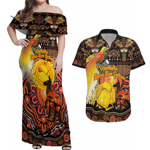 Personalized Australia and Papua New Guinea Together Couples Matching Off Shoulder Maxi Dress and Hawaiian Shirt Kangaroo Aboriginal Art and Bird-of-paradise Oro Tribal Motifs - Aussie Hoodie