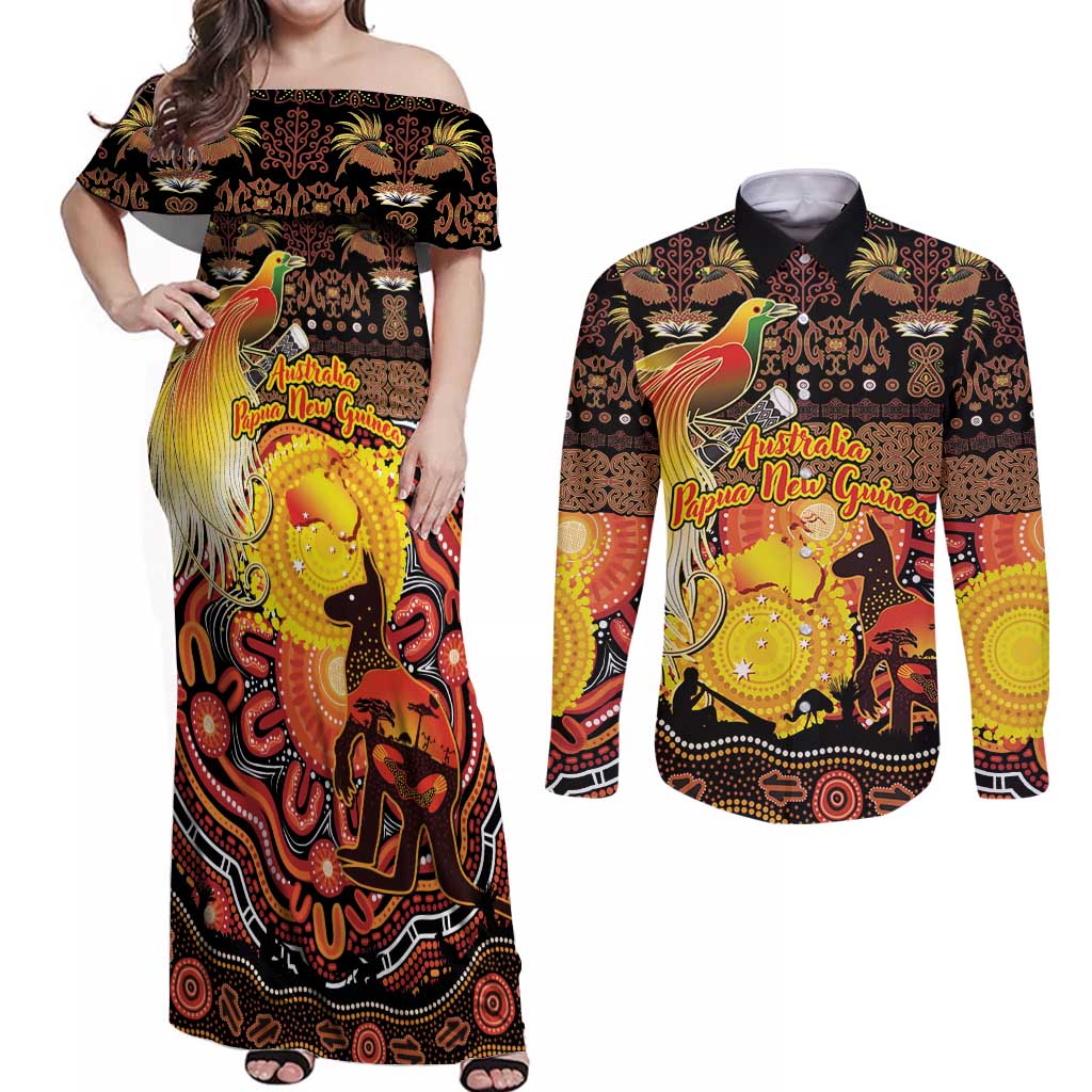 Personalized Australia and Papua New Guinea Together Couples Matching Off Shoulder Maxi Dress and Long Sleeve Button Shirt Kangaroo Aboriginal Art and Bird-of-paradise Oro Tribal Motifs - Aussie Hoodie