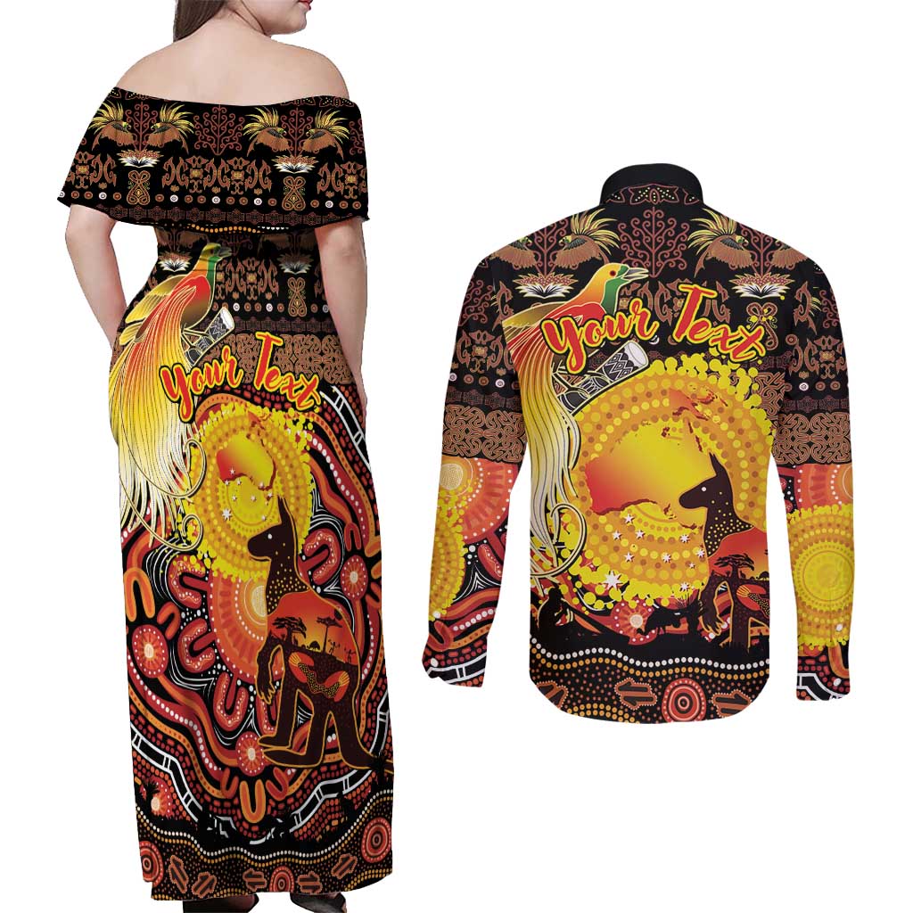 Personalized Australia and Papua New Guinea Together Couples Matching Off Shoulder Maxi Dress and Long Sleeve Button Shirt Kangaroo Aboriginal Art and Bird-of-paradise Oro Tribal Motifs - Aussie Hoodie