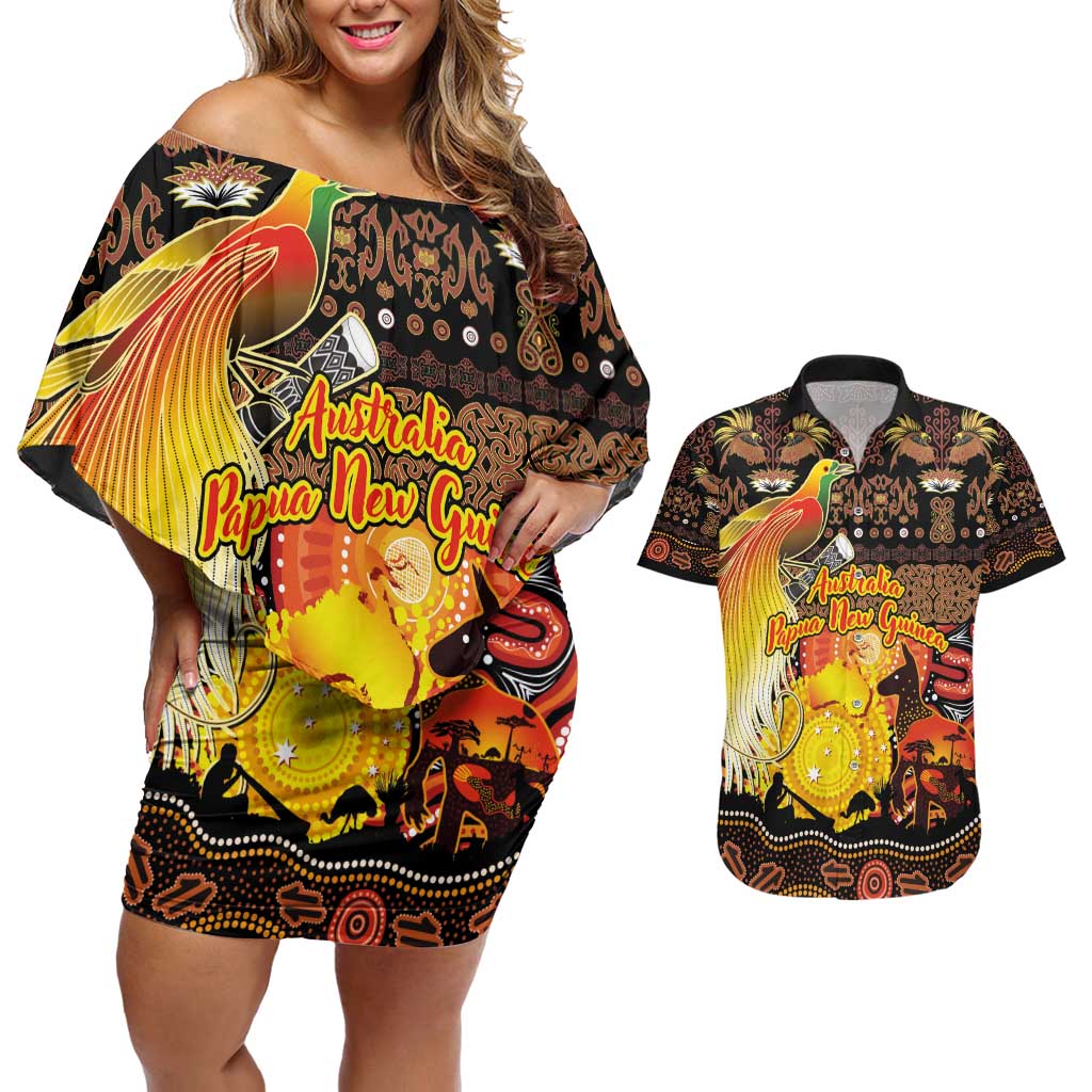 Personalized Australia and Papua New Guinea Together Couples Matching Off Shoulder Short Dress and Hawaiian Shirt Kangaroo Aboriginal Art and Bird-of-paradise Oro Tribal Motifs - Aussie Hoodie