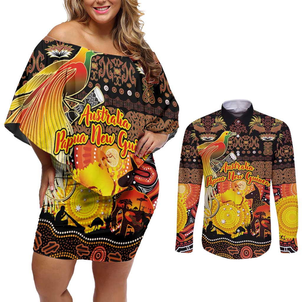 Personalized Australia and Papua New Guinea Together Couples Matching Off Shoulder Short Dress and Long Sleeve Button Shirt Kangaroo Aboriginal Art and Bird-of-paradise Oro Tribal Motifs - Aussie Hoodie