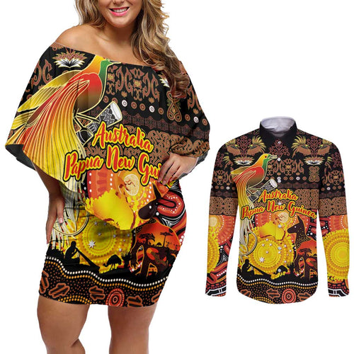 Personalized Australia and Papua New Guinea Together Couples Matching Off Shoulder Short Dress and Long Sleeve Button Shirt Kangaroo Aboriginal Art and Bird-of-paradise Oro Tribal Motifs - Aussie Hoodie